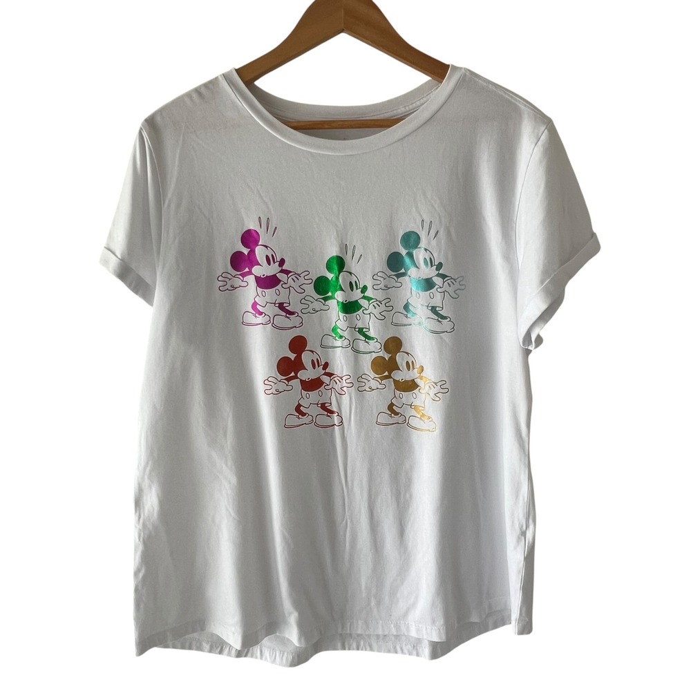 Disney Mickey Mouse Rainbow Metallic Foil White Tee Shirt XL Vacation Theme Park